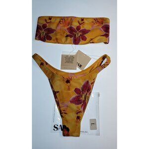 SAME Los Angeles Two Piece Bandeau Bikini Floral Yellow Size L NWT